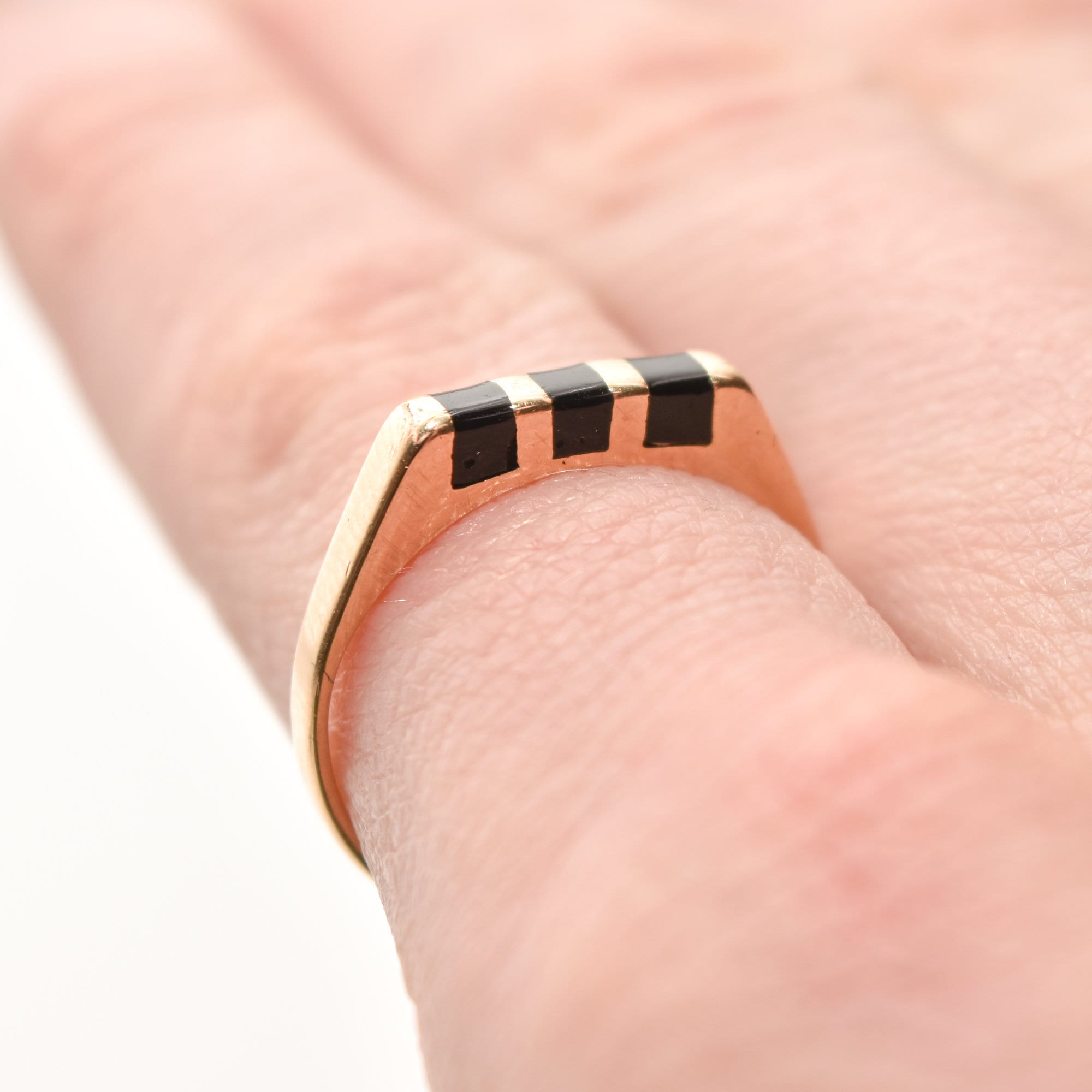 Minimalist 14K Black Onyx Inlay Ring, Striped Yellow Gold Stacking Ring, Size 5 1/2 US