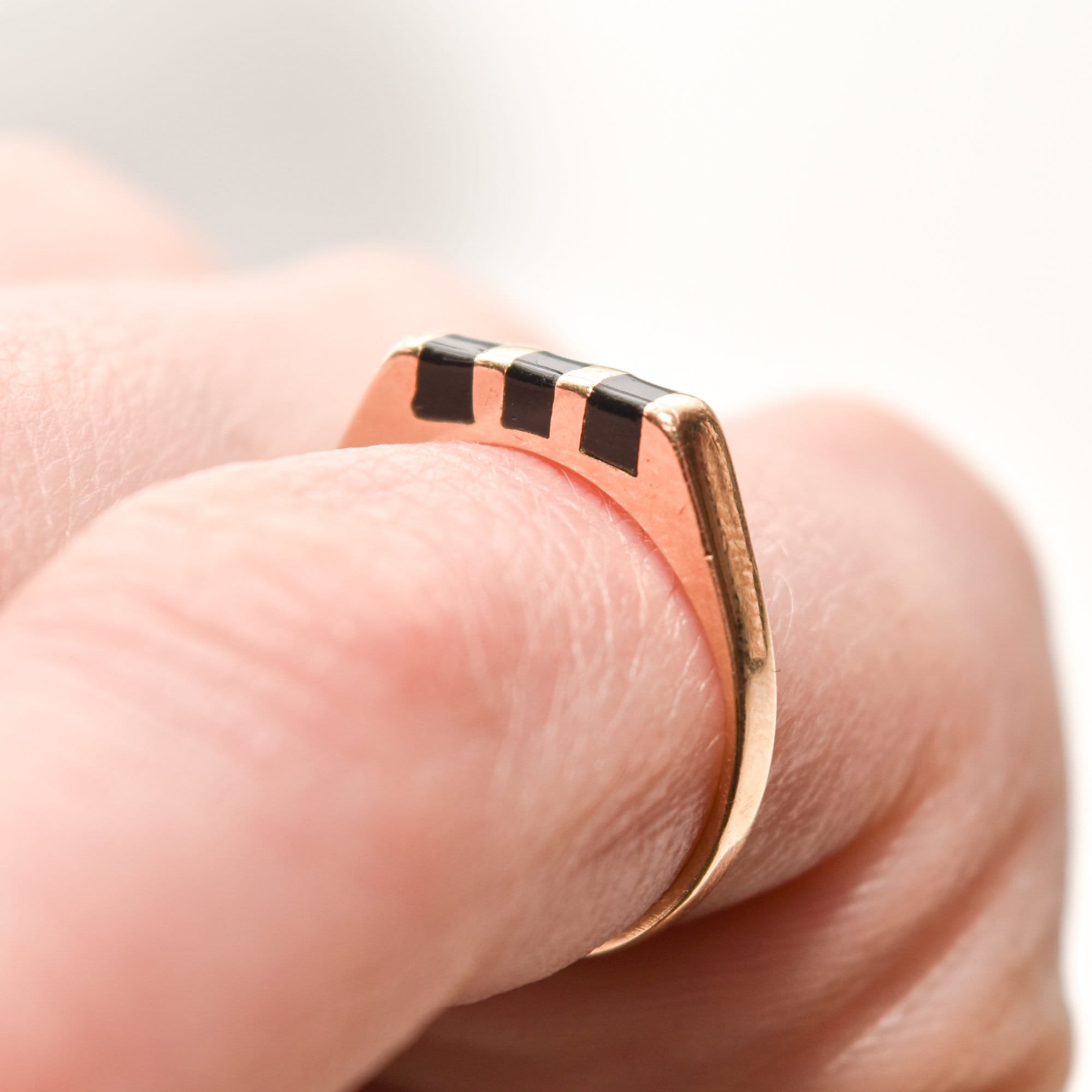 Minimalist 14K Black Onyx Inlay Ring, Striped Yellow Gold Stacking Ring, Size 5 1/2 US
