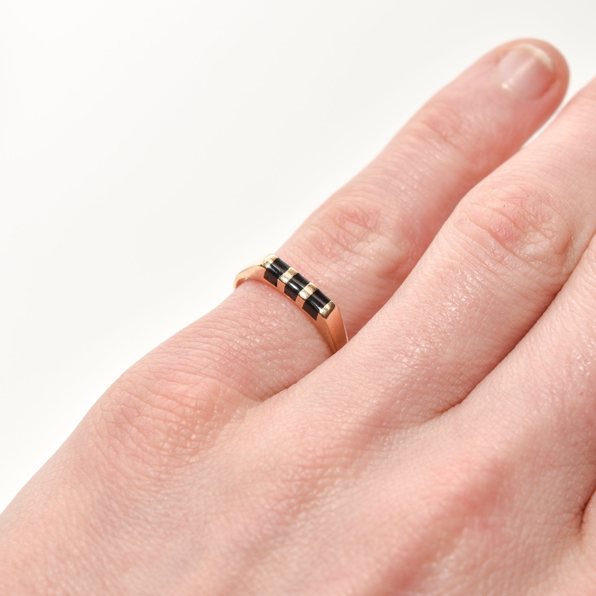 Minimalist 14K Black Onyx Inlay Ring, Striped Yellow Gold Stacking Ring, Size 5 1/2 US