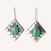 Modernist Sterling Silver Malachite Dangle Earrings, Cute Gemstone Earrings, 1.5" L