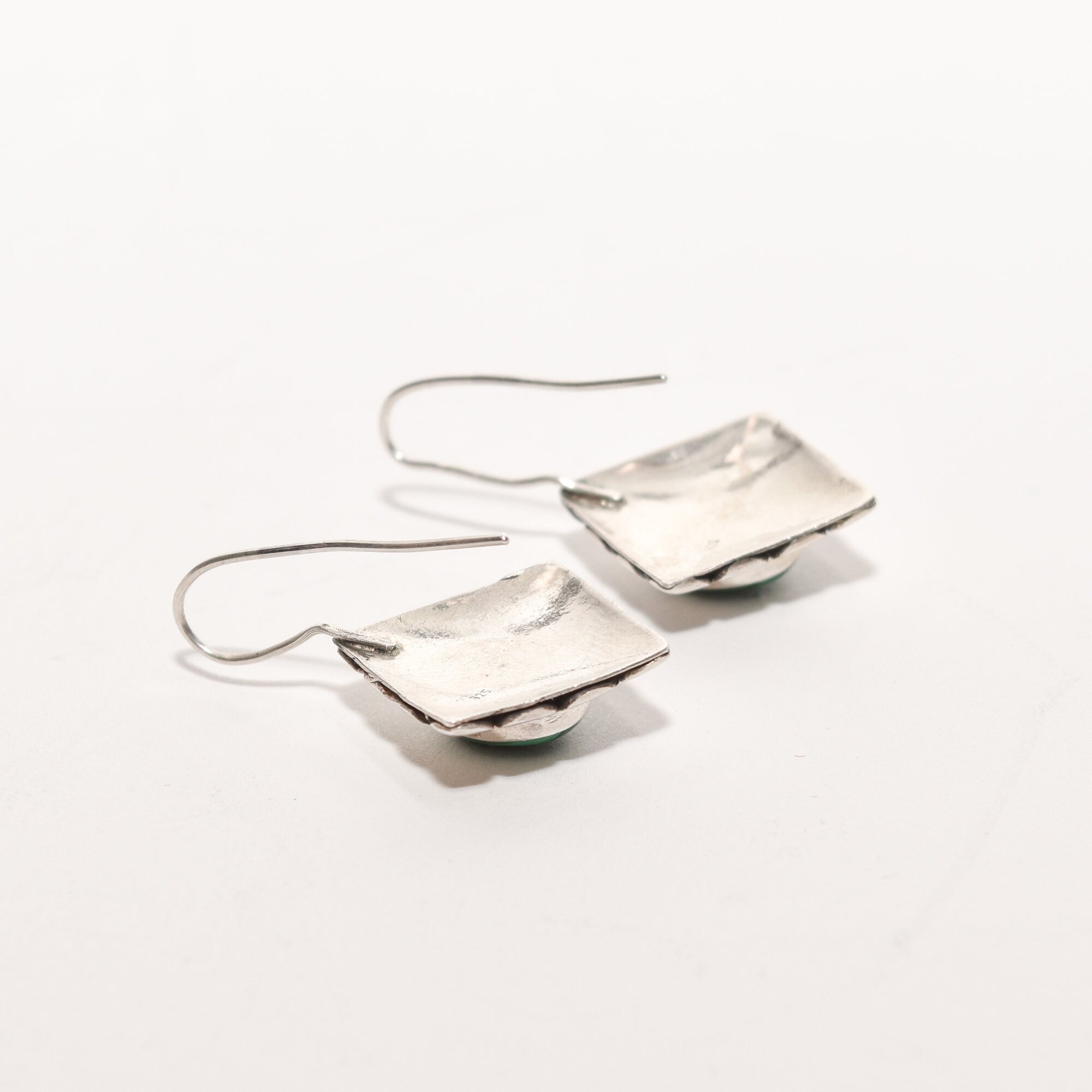 Modernist Sterling Silver Malachite Dangle Earrings, Cute Gemstone Earrings, 1.5" L