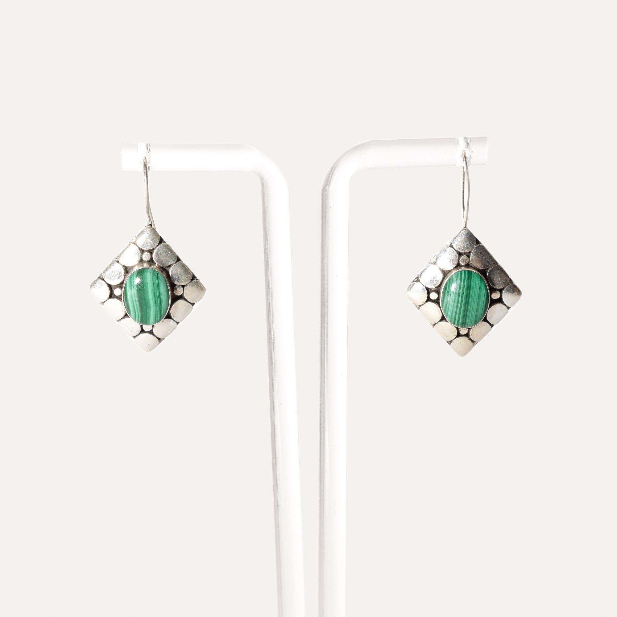 Modernist Sterling Silver Malachite Dangle Earrings, Cute Gemstone Earrings, 1.5" L