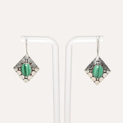 Modernist Sterling Silver Malachite Dangle Earrings, Cute Gemstone Earrings, 1.5" L