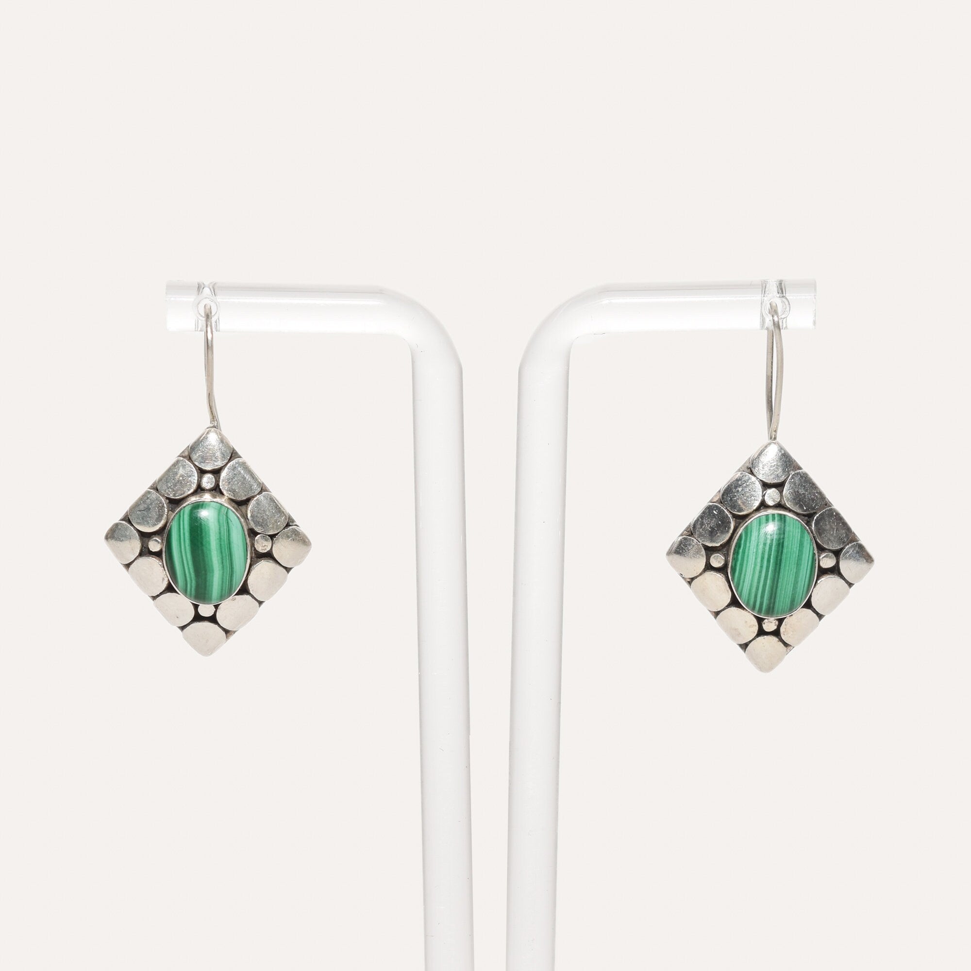 Modernist Sterling Silver Malachite Dangle Earrings, Cute Gemstone Earrings, 1.5" L
