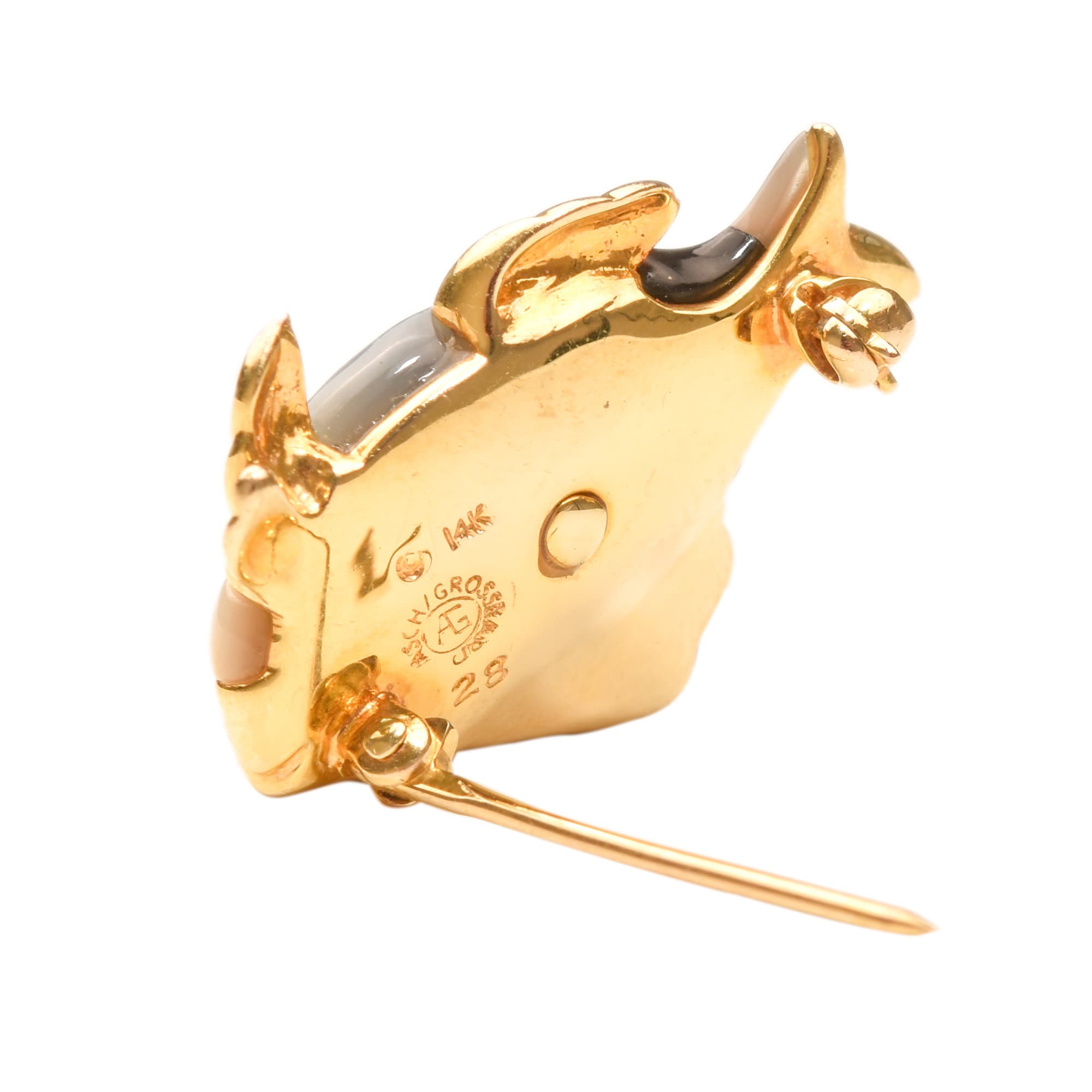 Modernist 14K Gemstone Inlay Fish Pin By Asch Grossbardt, Diamond Accent Eye, Fine Gold Jewelry, 26.5mm
