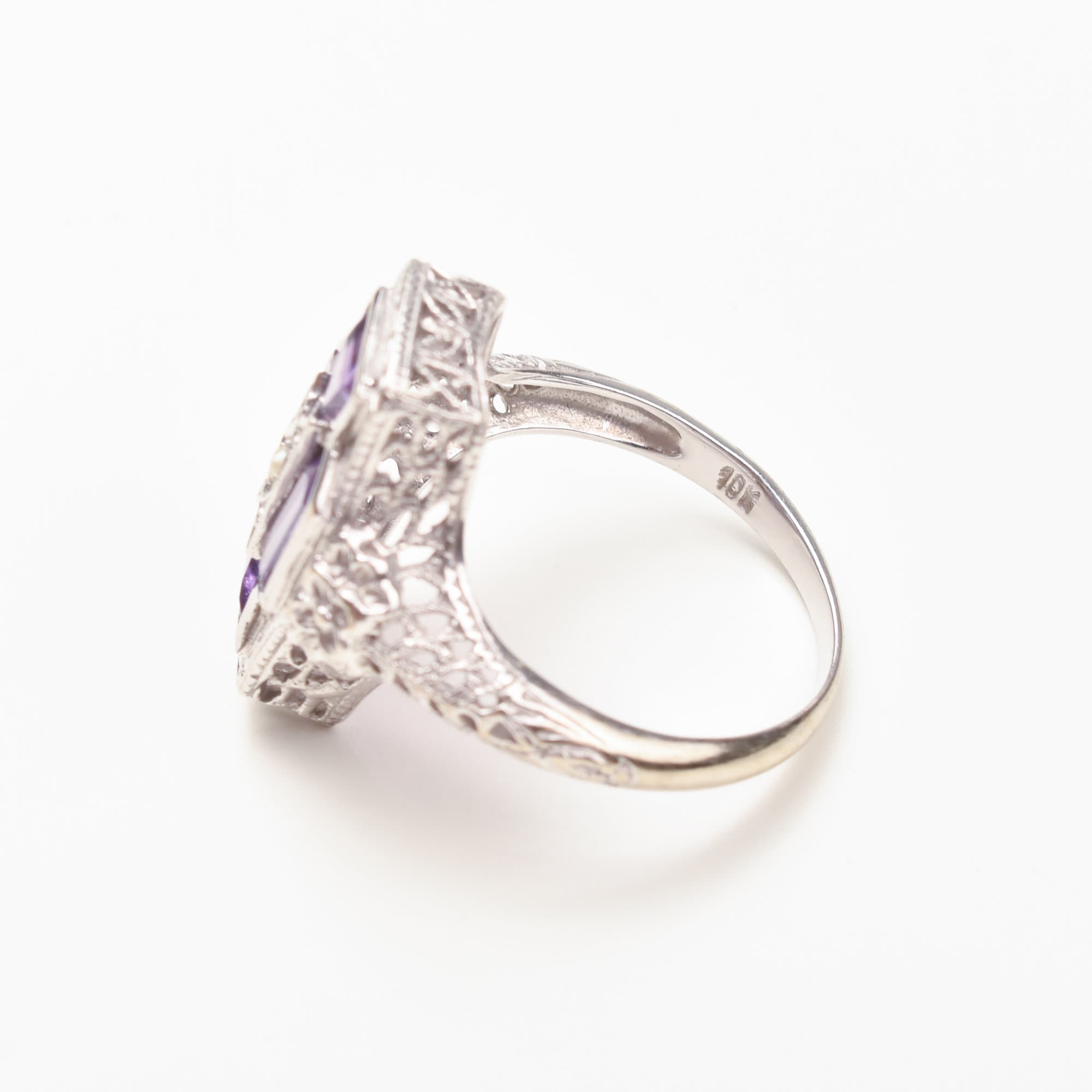Art Deco 4-Stone Amethyst Seed Pearl Filigree Ring In 10K White Gold
