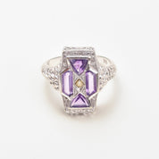 Art Deco 4-Stone Amethyst Seed Pearl Filigree Ring In 10K White Gold