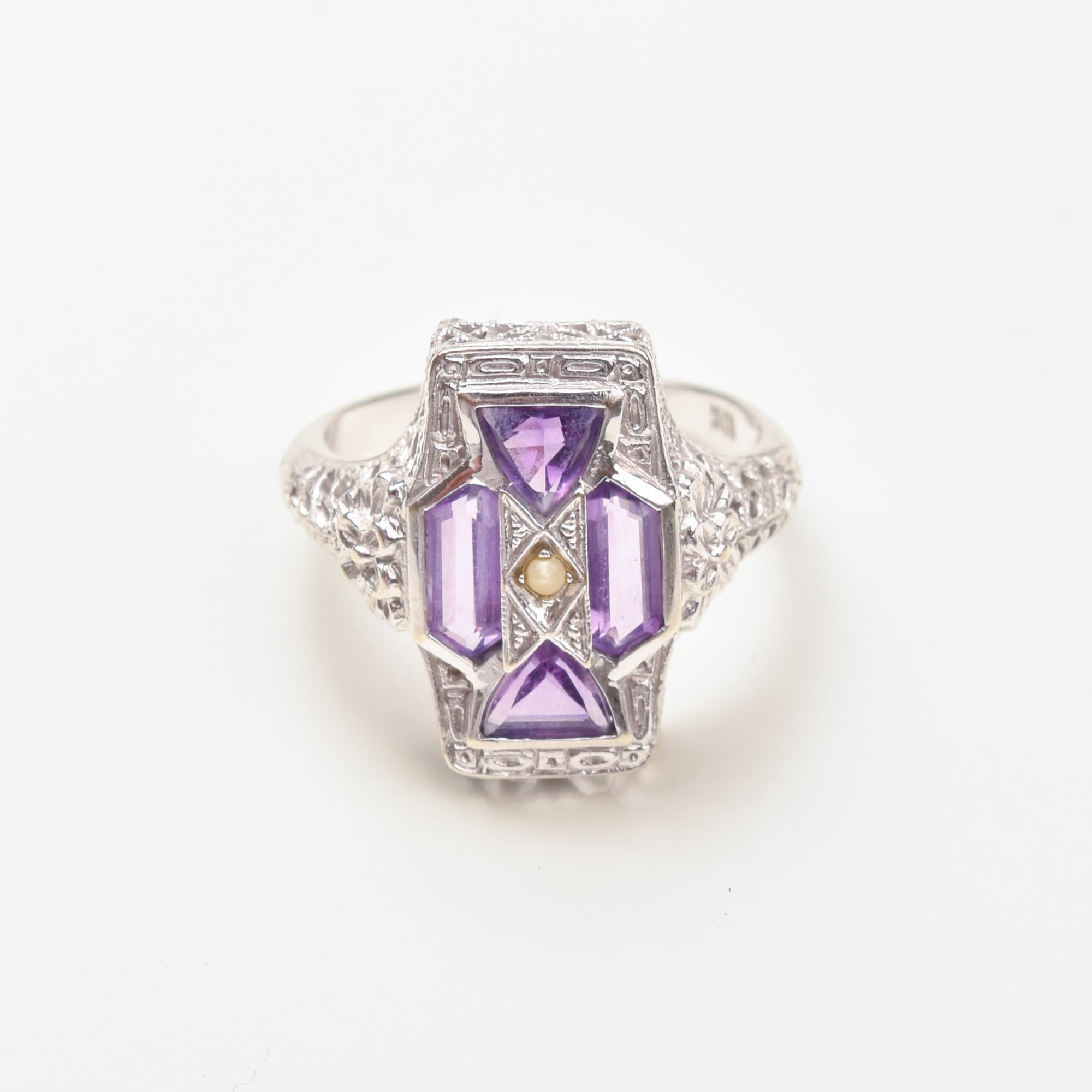 Art Deco 4-Stone Amethyst Seed Pearl Filigree Ring In 10K White Gold