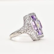 Art Deco 4-Stone Amethyst Seed Pearl Filigree Ring In 10K White Gold