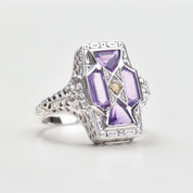 Art Deco 4-Stone Amethyst Seed Pearl Filigree Ring In 10K White Gold