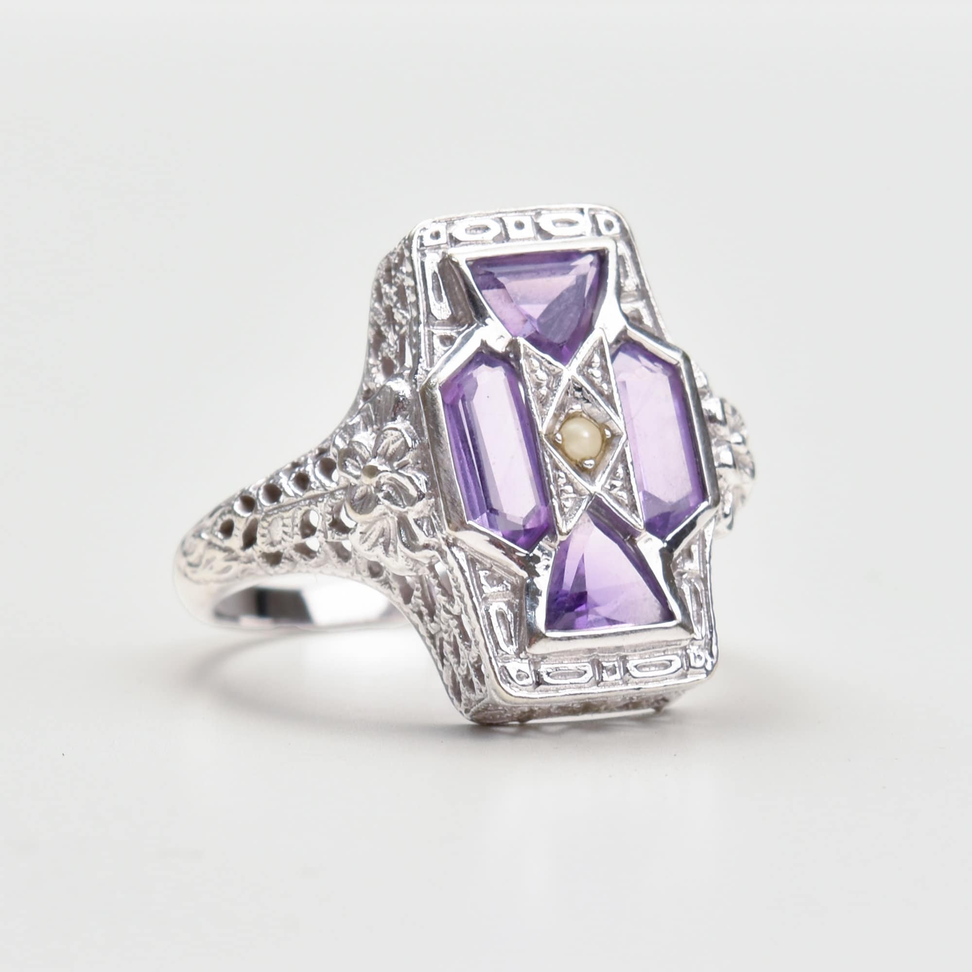 Art Deco 4-Stone Amethyst Seed Pearl Filigree Ring In 10K White Gold