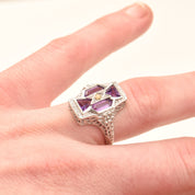 Art Deco 4-Stone Amethyst Seed Pearl Filigree Ring In 10K White Gold
