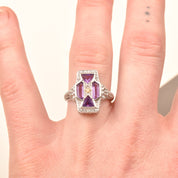 Art Deco 4-Stone Amethyst Seed Pearl Filigree Ring In 10K White Gold
