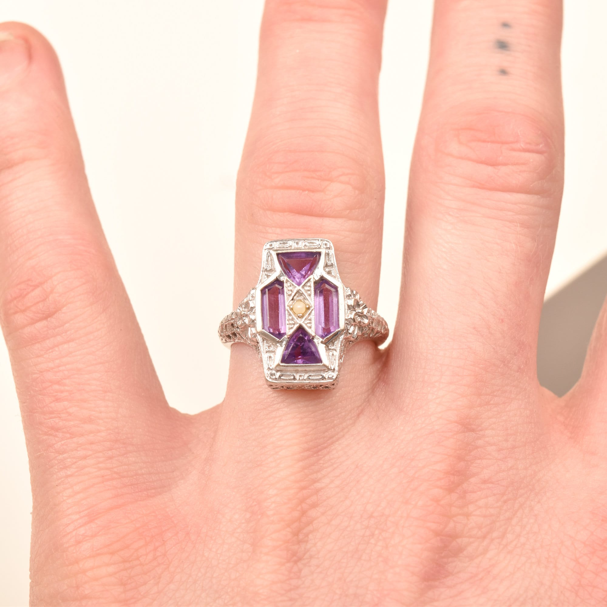 Art Deco 4-Stone Amethyst Seed Pearl Filigree Ring In 10K White Gold