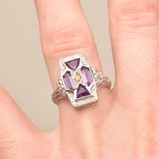 Art Deco 4-Stone Amethyst Seed Pearl Filigree Ring In 10K White Gold