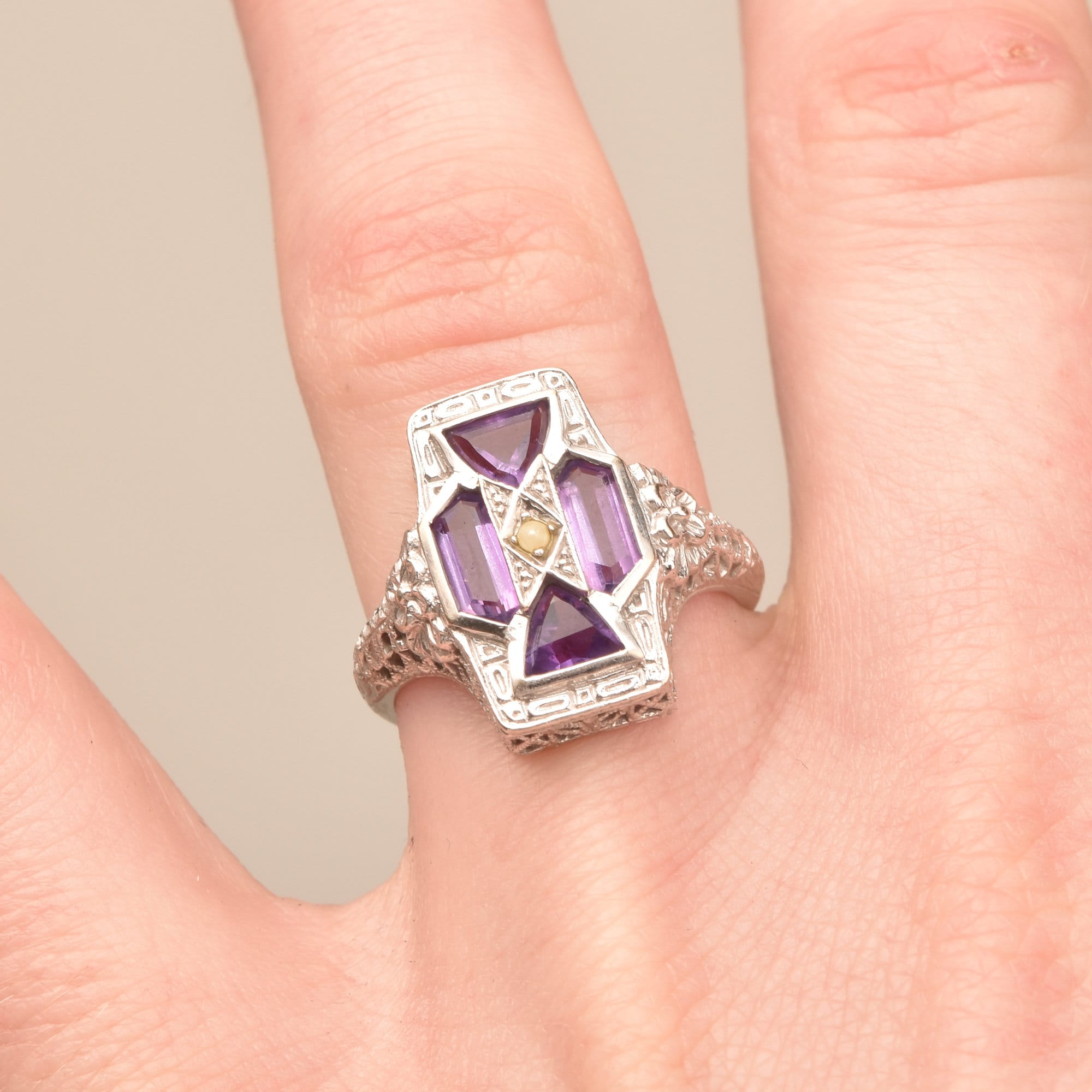 Art Deco 4-Stone Amethyst Seed Pearl Filigree Ring In 10K White Gold
