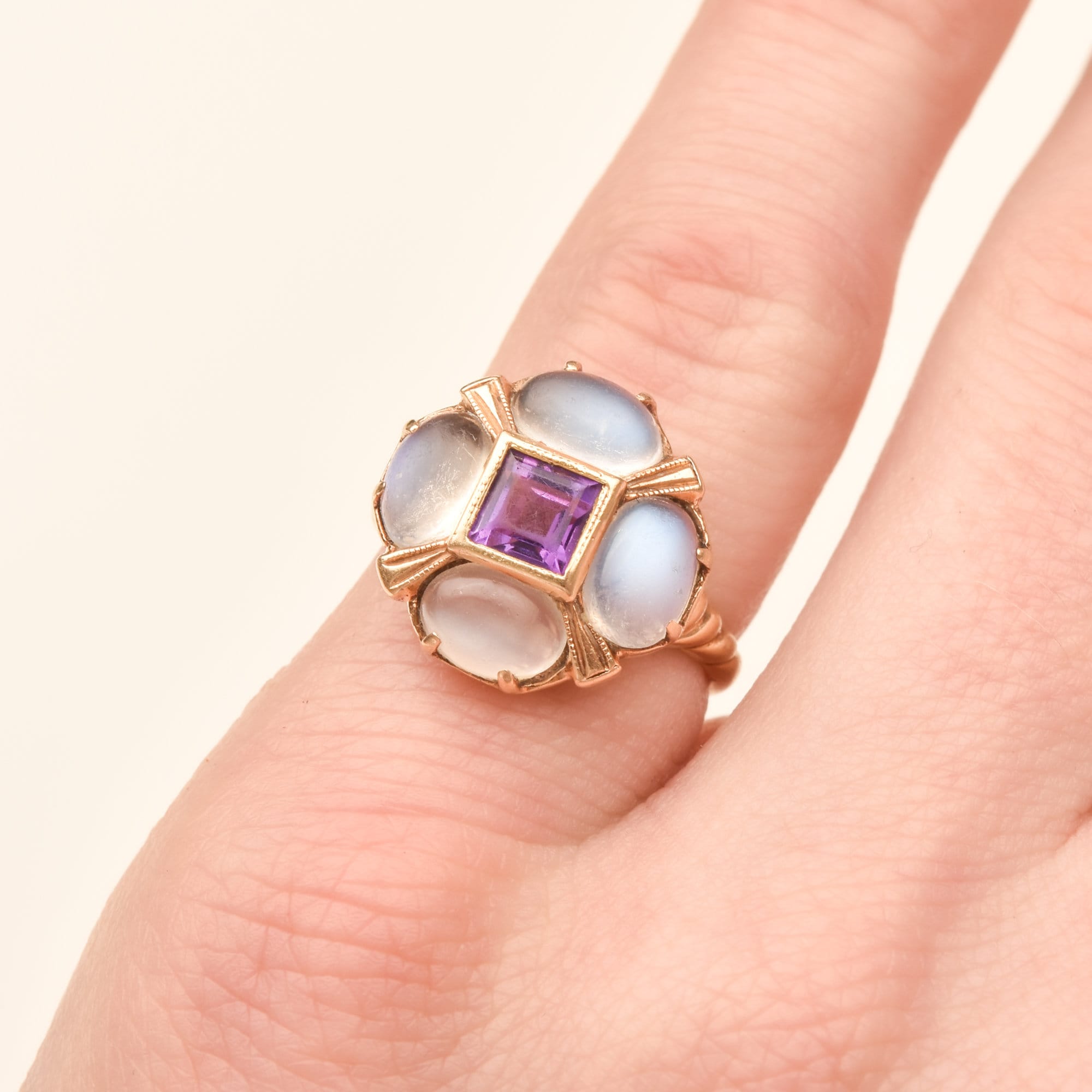 Moonstone Amethyst Flower Ring In 14K Yellow Gold, Estate Jewelry, Size 5 1/4 US