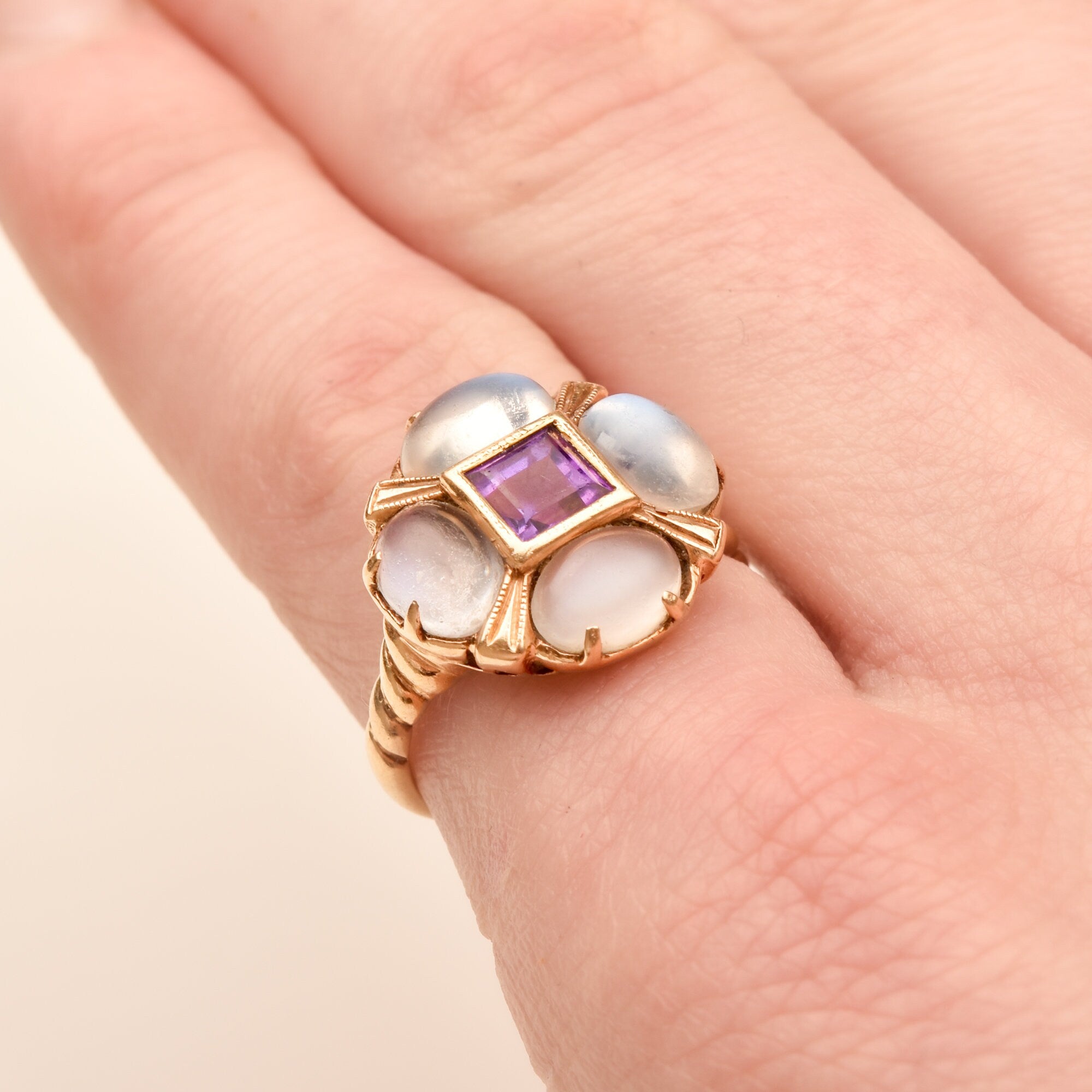 Moonstone Amethyst Flower Ring In 14K Yellow Gold, Estate Jewelry, Size 5 1/4 US