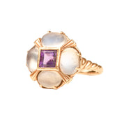 Moonstone Amethyst Flower Ring In 14K Yellow Gold, Estate Jewelry, Size 5 1/4 US