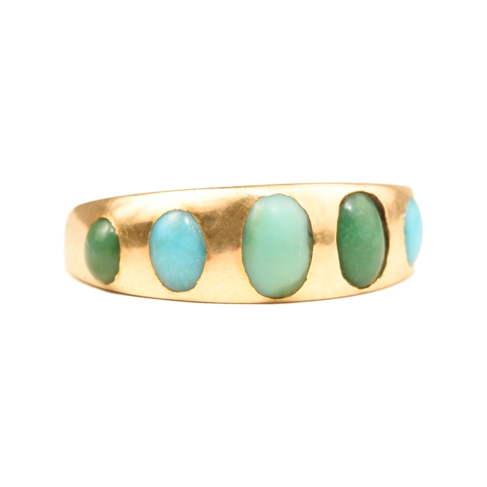Victorian 5-Stone Turquoise Gypsy Ring In 18K Yellow Gold, Antique Jewelry, Size 5 US