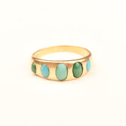 Victorian 5-Stone Turquoise Gypsy Ring In 18K Yellow Gold, Antique Jewelry, Size 5 US