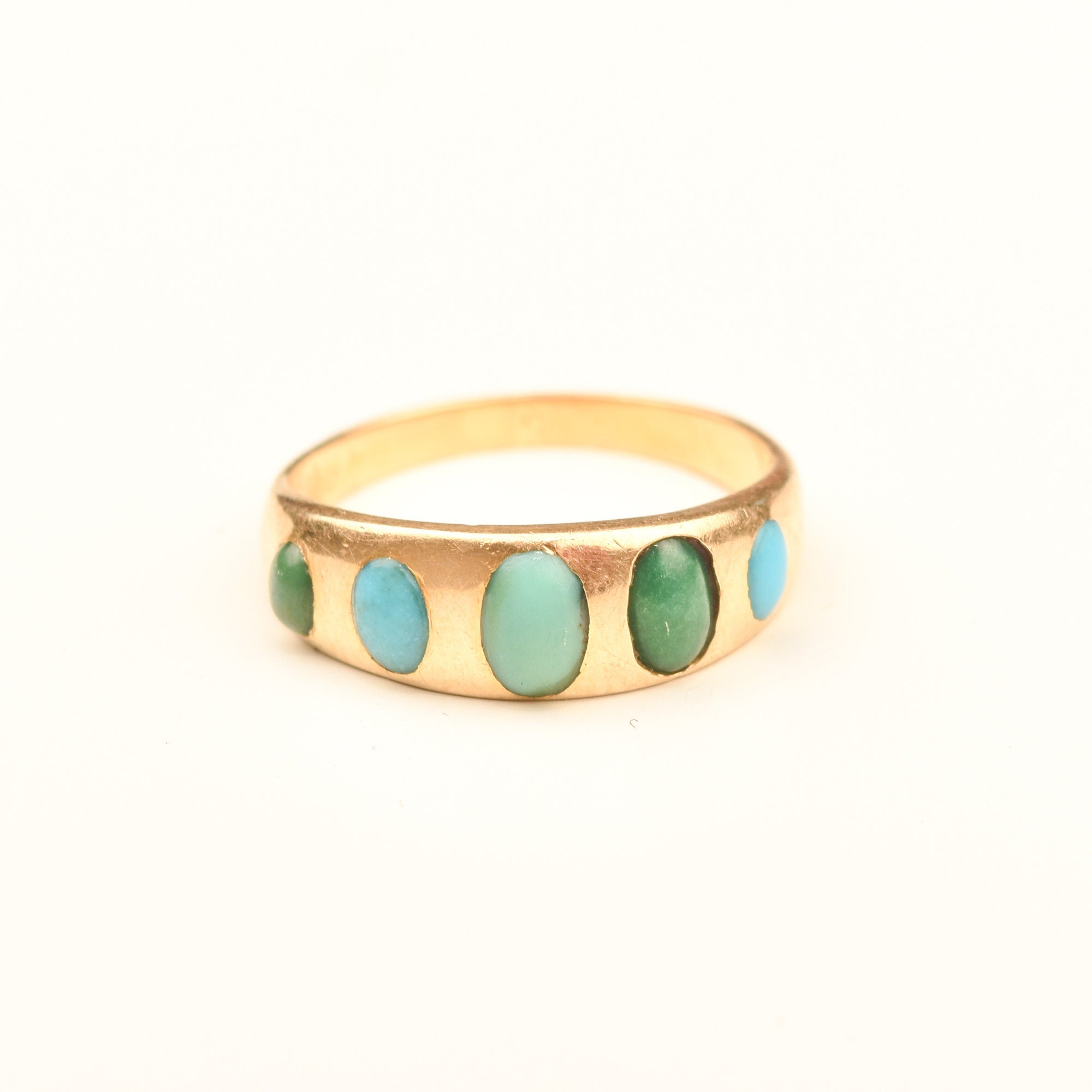 Victorian 5-Stone Turquoise Gypsy Ring In 18K Yellow Gold, Antique Jewelry, Size 5 US