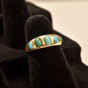 Victorian 5-Stone Turquoise Gypsy Ring In 18K Yellow Gold, Antique Jewelry, Size 5 US