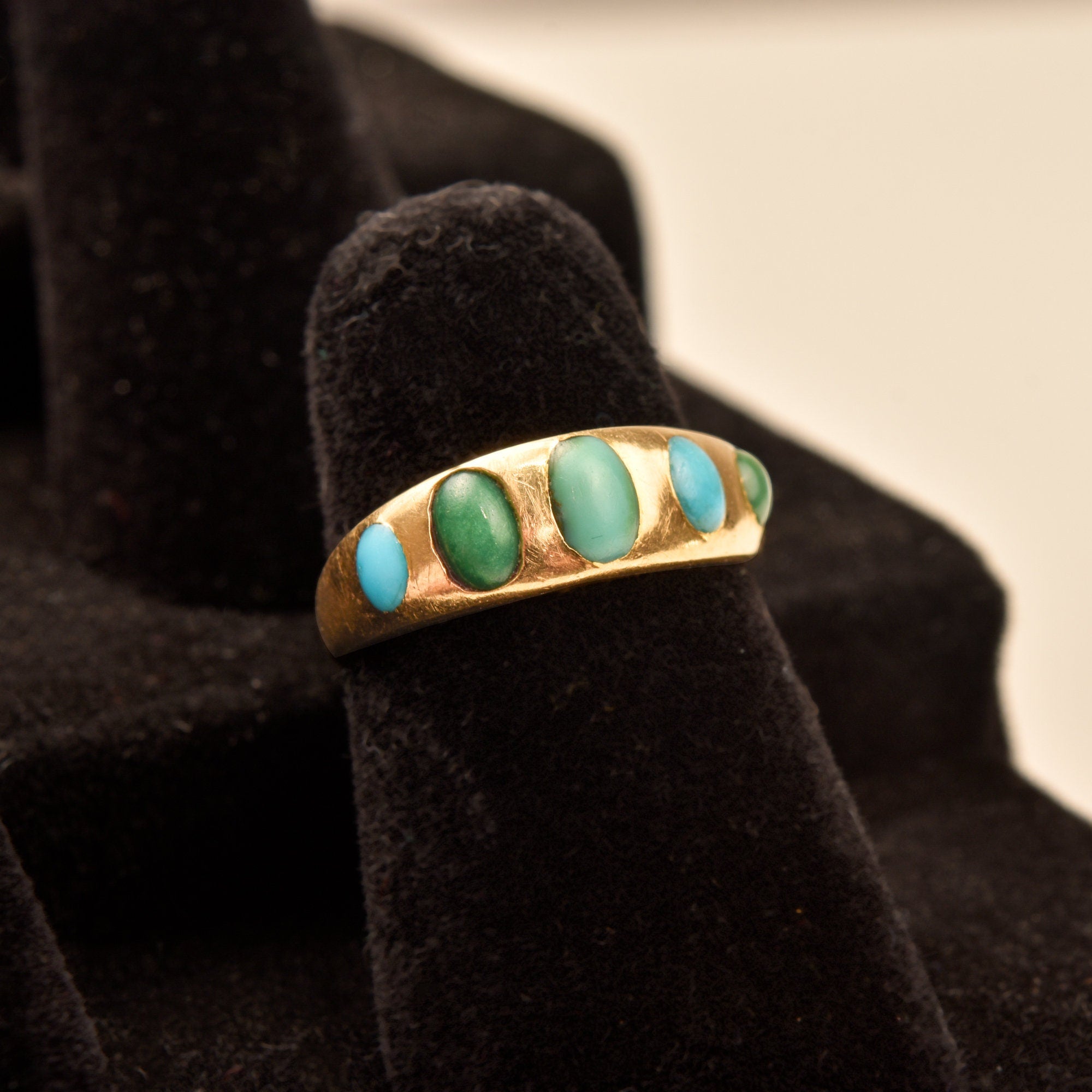 Victorian 5-Stone Turquoise Gypsy Ring In 18K Yellow Gold, Antique Jewelry, Size 5 US