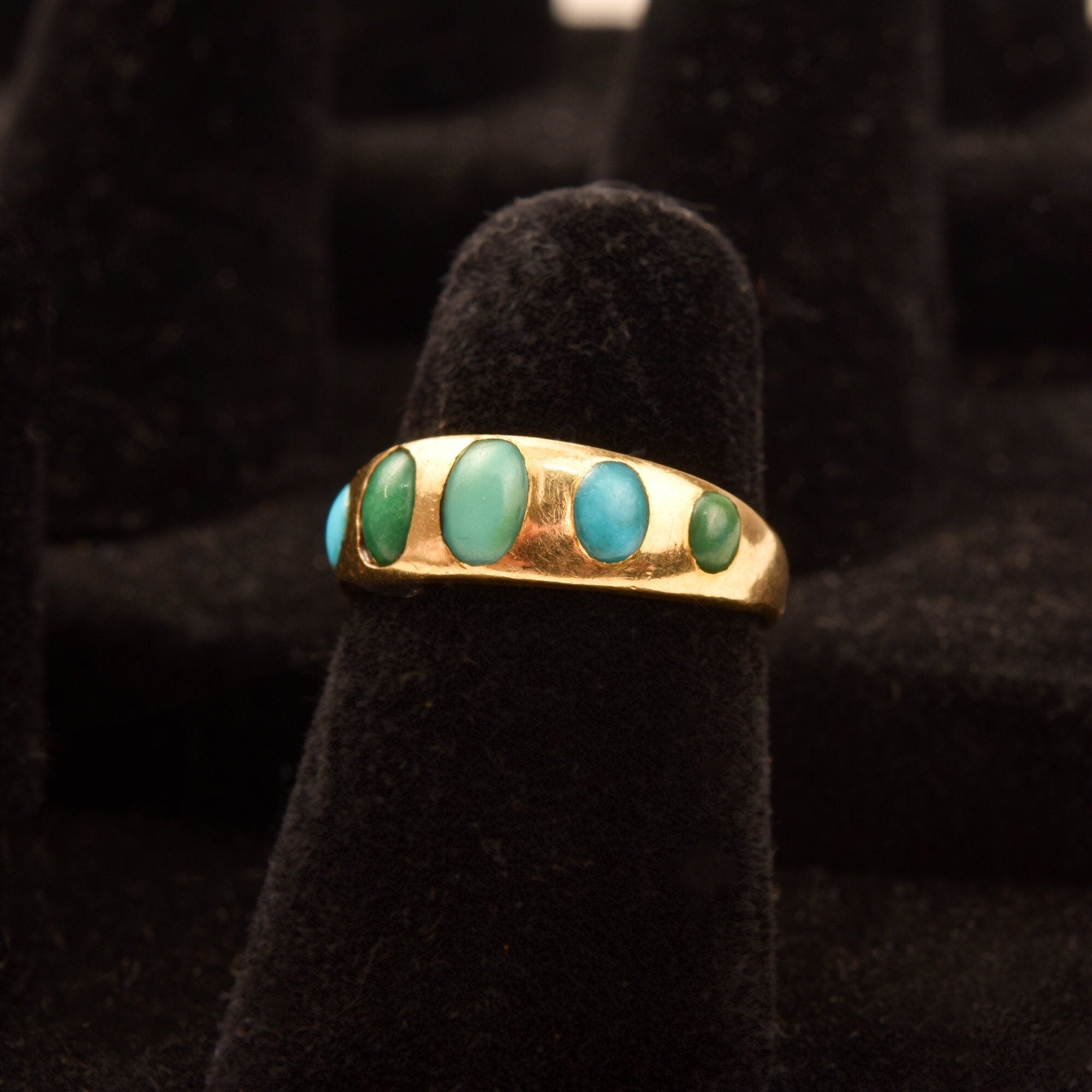 Victorian 5-Stone Turquoise Gypsy Ring In 18K Yellow Gold, Antique Jewelry, Size 5 US