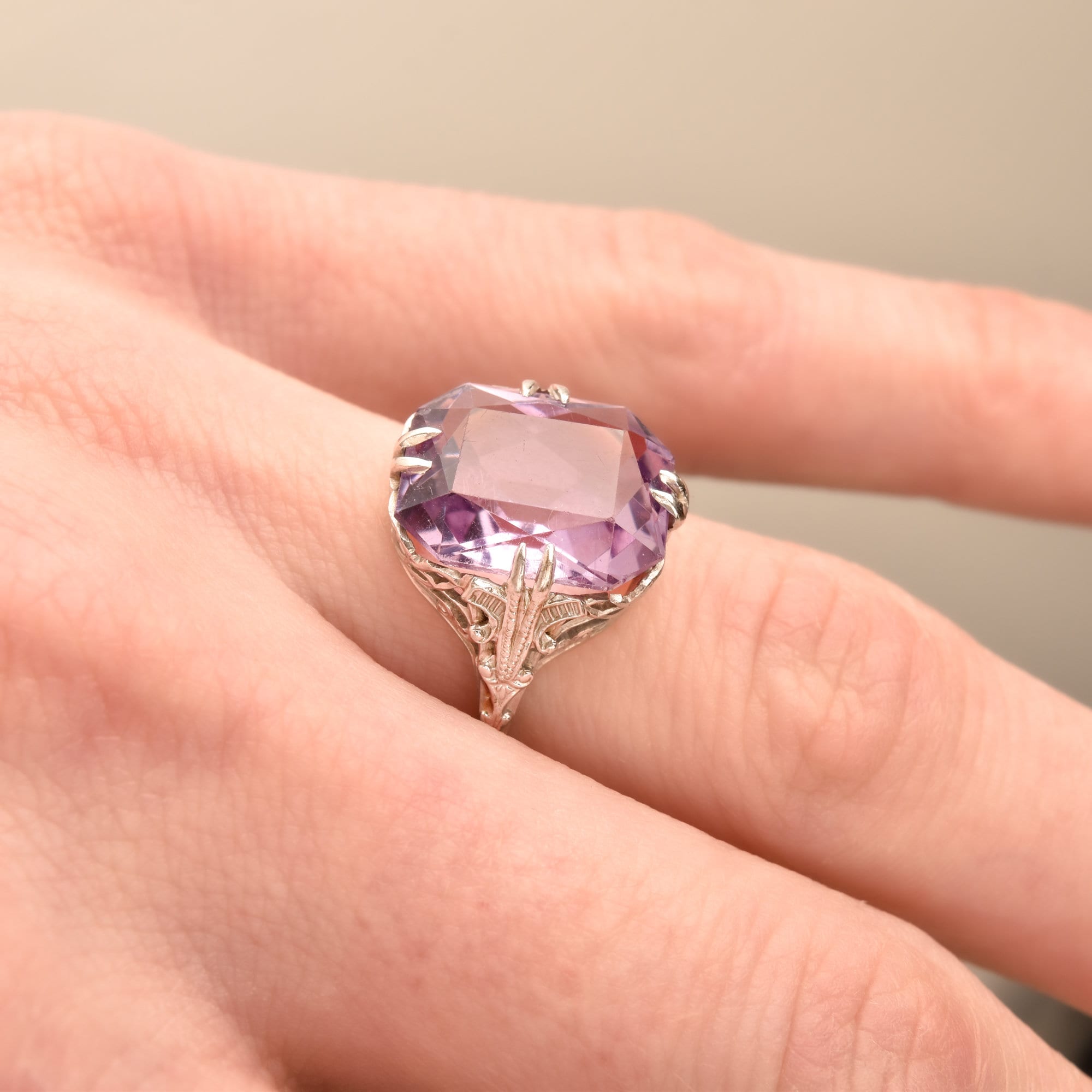 Estate 14K White Gold Amethyst Cocktail Ring, Art Deco Filigree Dinner Ring, Size 5 3/4 US