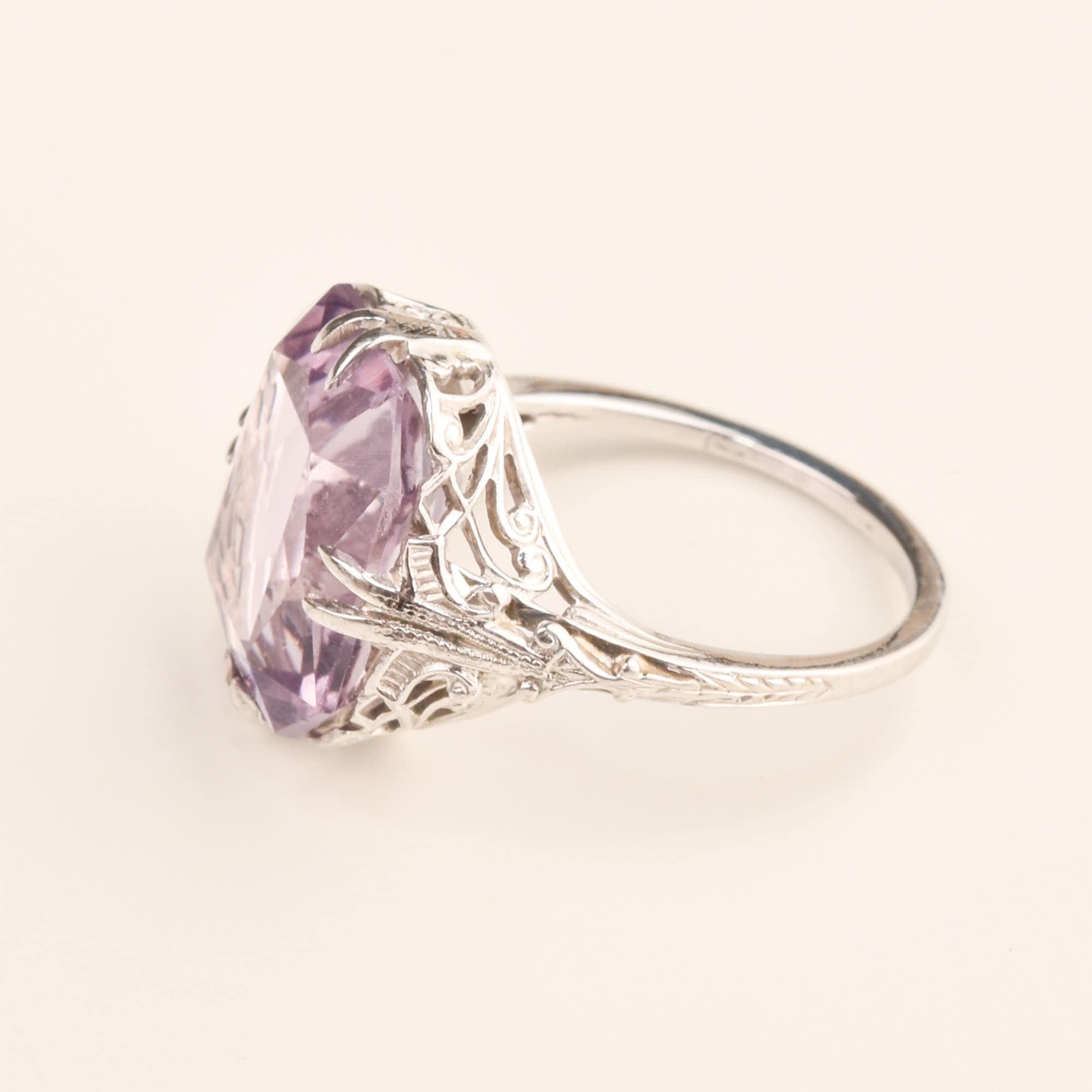 Estate 14K White Gold Amethyst Cocktail Ring, Art Deco Filigree Dinner Ring, Size 5 3/4 US