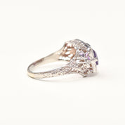 Art Deco 14K White Gold Diamond Amethyst Filigree Ring, Rectangular Dinner Ring, Size 6 1/4 US