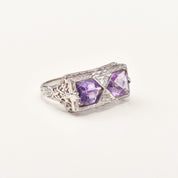 Art Deco 14K White Gold Diamond Amethyst Filigree Ring, Rectangular Dinner Ring, Size 6 1/4 US