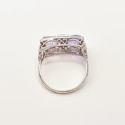 Art Deco 14K White Gold Diamond Amethyst Filigree Ring, Rectangular Dinner Ring, Size 6 1/4 US