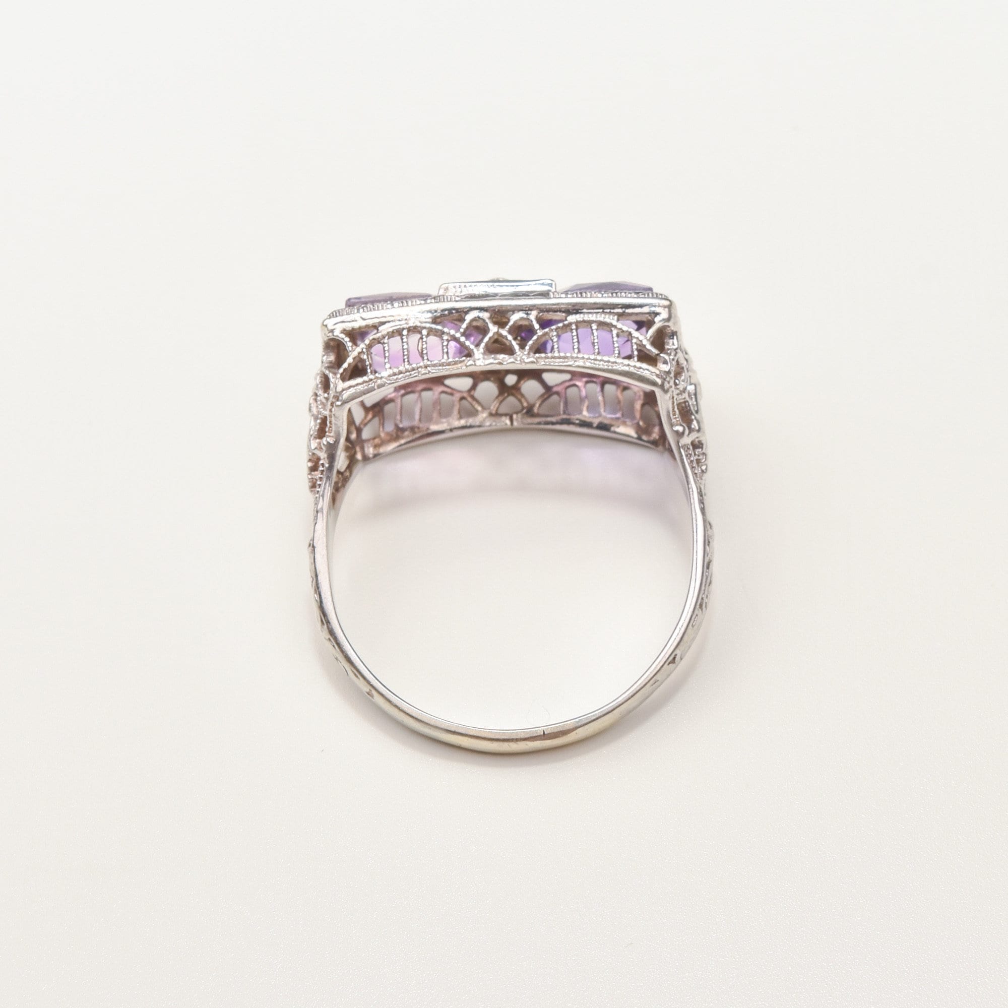 Art Deco 14K White Gold Diamond Amethyst Filigree Ring, Rectangular Dinner Ring, Size 6 1/4 US