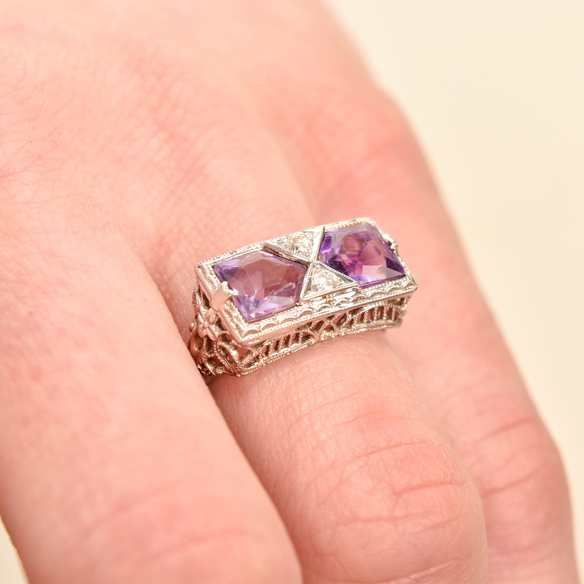Art Deco 14K White Gold Diamond Amethyst Filigree Ring, Rectangular Dinner Ring, Size 6 1/4 US